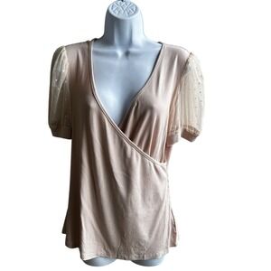 Fayenne Knit Top Ribbed Beige Sheer Polka Dot Sleeve Casual XL‎
